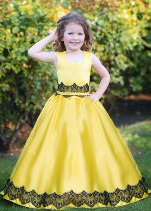 Square Neck Yellow Satin Black Lace Trimmed Flower Girl Dress